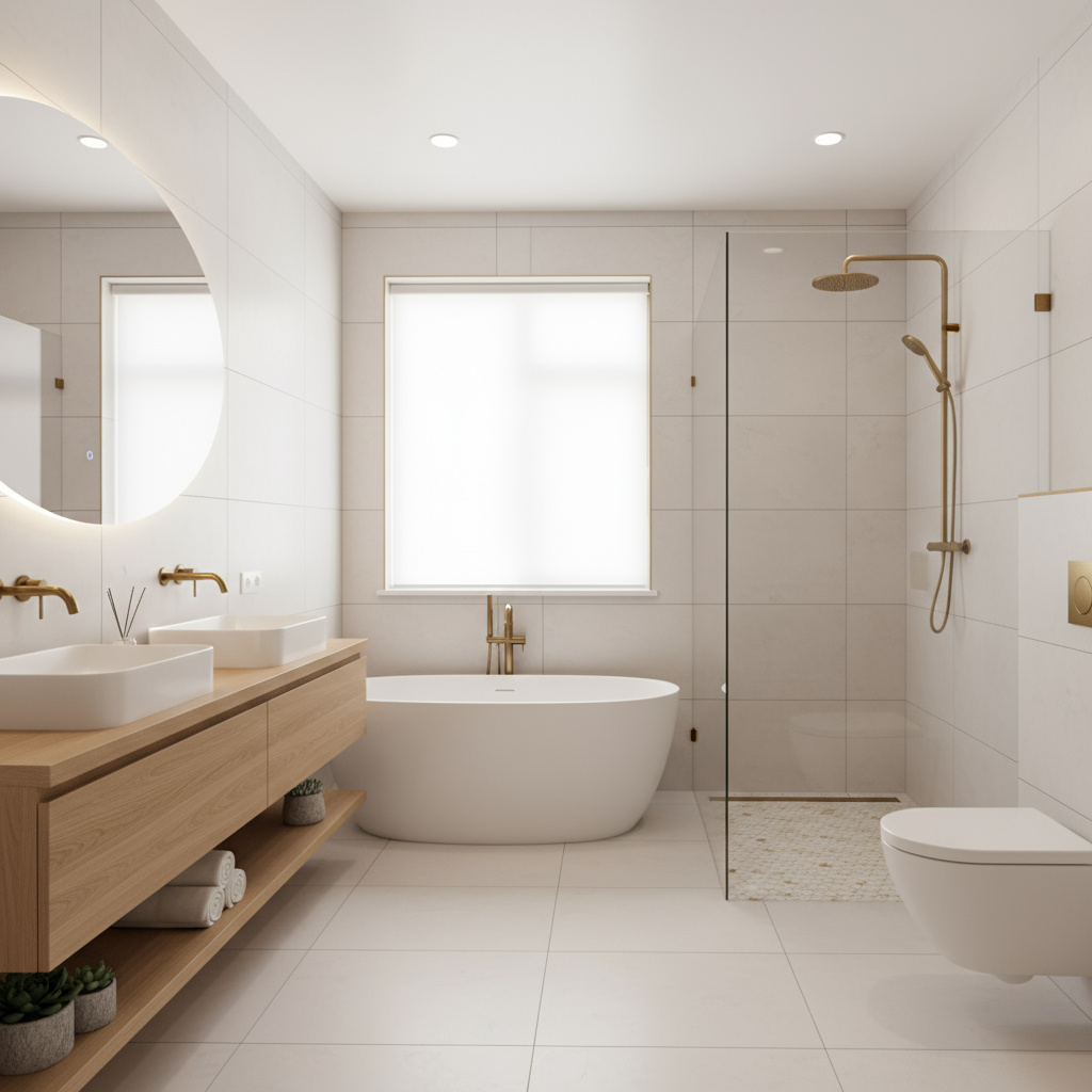 Modernes Bad mit Walk‑In‑Dusche und neuen Fliesen