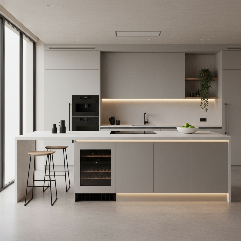 Renovierte, moderne Küche mit integrierten Geräten