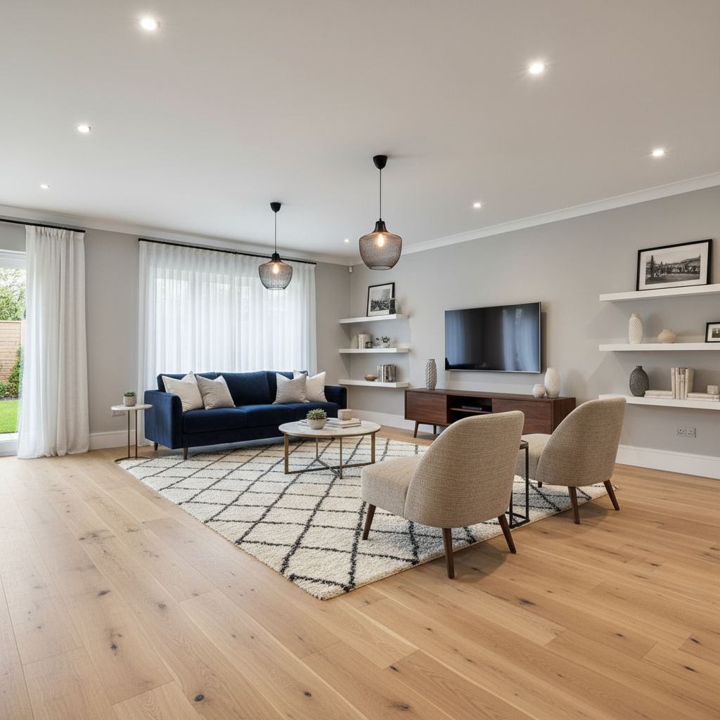 Wohnzimmer nach Komplettsanierung mit neuem Boden und Beleuchtung