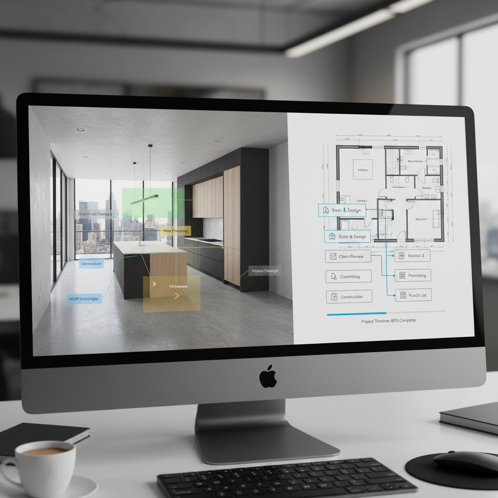 3D‑Innenraumplanung und Grundriss am Bildschirm