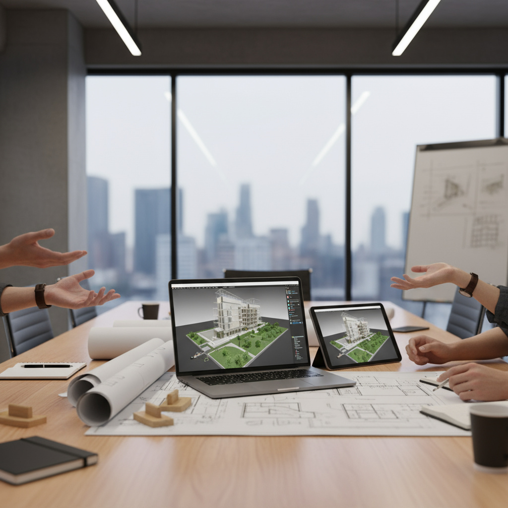 Planungsmeeting mit Zeichnungen und 3D‑Modell