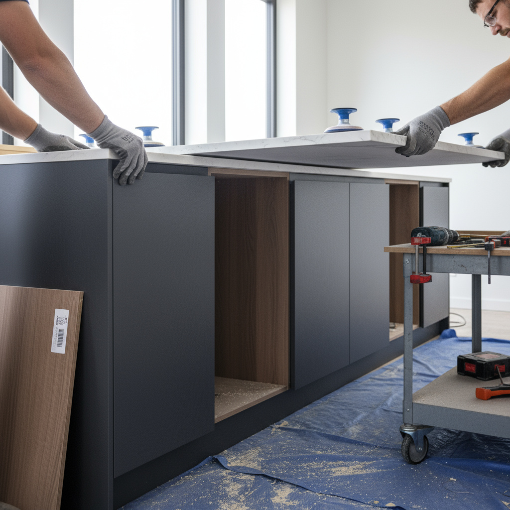 Maßgefertigte Küche: Montage von Schränken und Arbeitsplatte