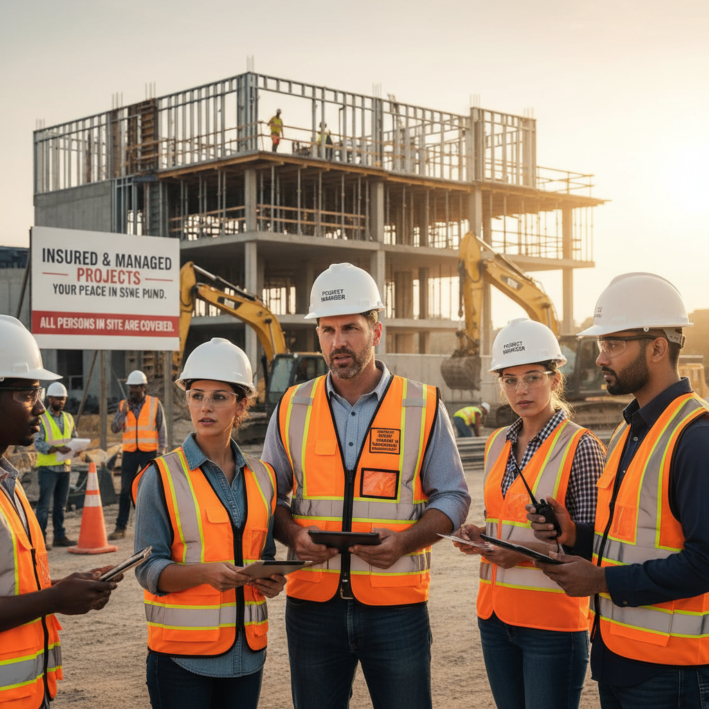 Bauteam mit Sicherheitsausrüstung auf der Baustelle